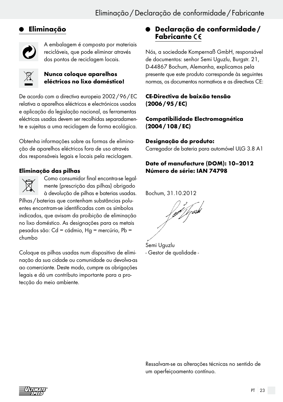 Eliminação, Declaração de conformidade / fabricante | Ultimate Speed ULG 3.8 A1 User Manual | Page 23 / 44