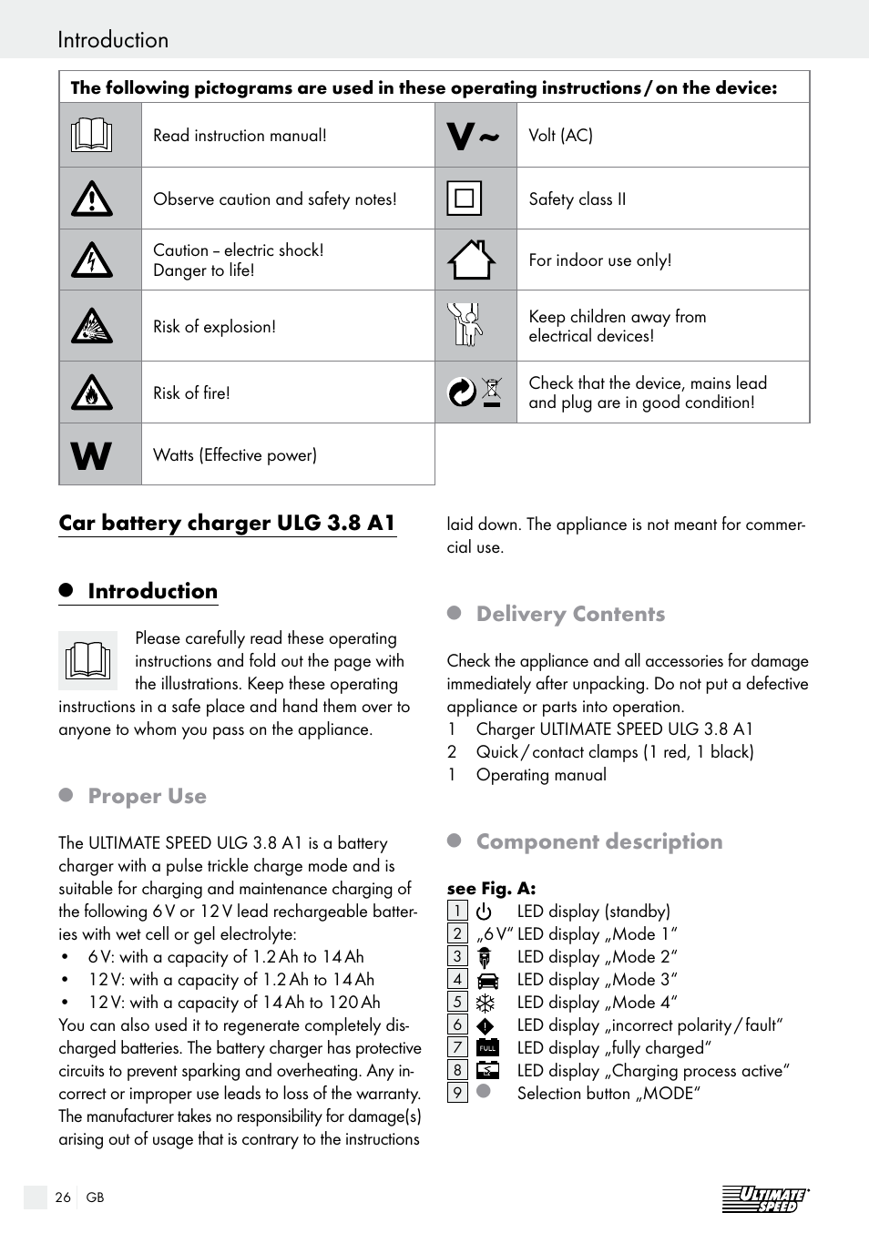 Introduction / safety introduction, Car battery charger ulg 3.8 a1, Introduction | Proper use, Delivery contents, Component description | Ultimate Speed ULG 3.8 A1 User Manual | Page 26 / 44