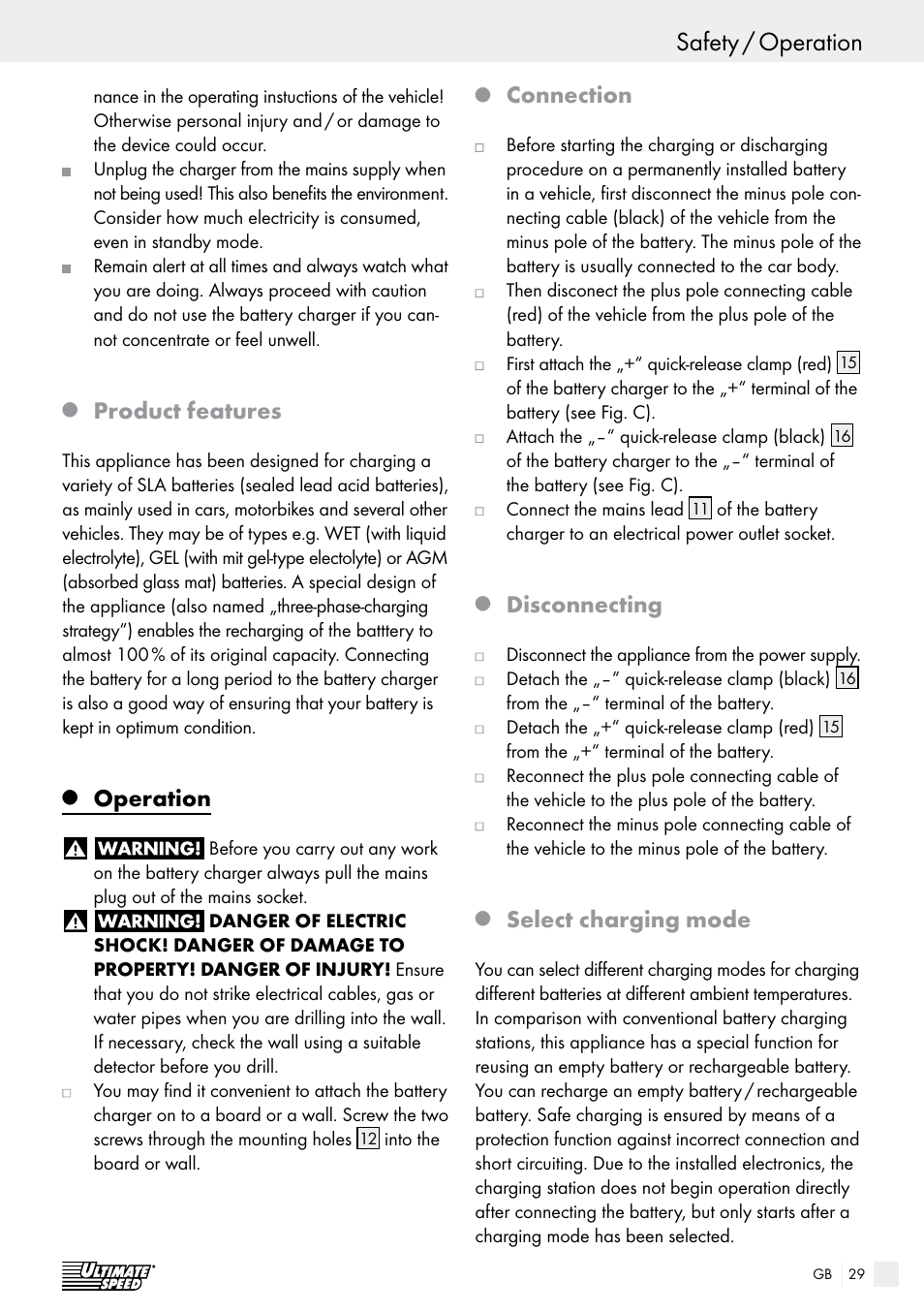 Safety / operation safety, Product features, Operation | Connection, Disconnecting, Select charging mode | Ultimate Speed ULG 3.8 A1 User Manual | Page 29 / 44