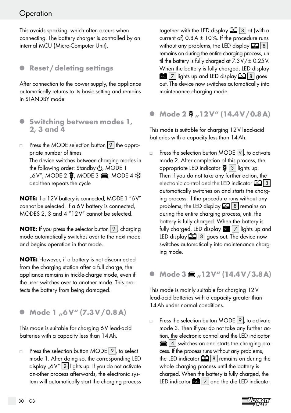 Operation / maintenance and care / service, Operation, Reset / deleting settings | Switching between modes 1, 2, 3 and 4, Mode 1 „6 v, 3 v / 0.8 a), Mode 2, Mode 3 | Ultimate Speed ULG 3.8 A1 User Manual | Page 30 / 44