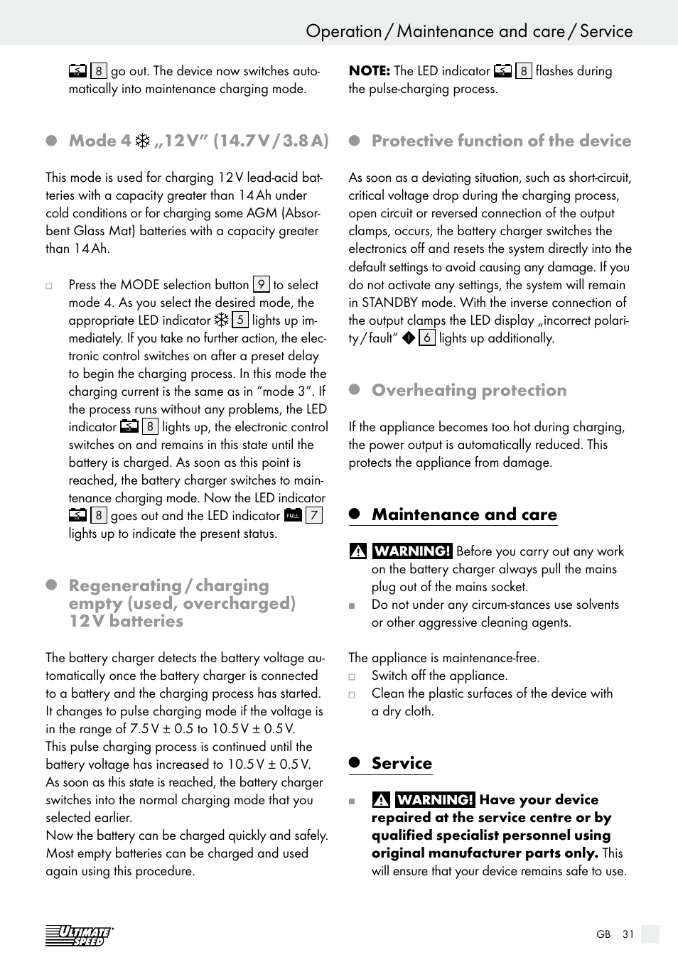 Protective function of the device, Overheating protection, Maintenance and care | Service | Ultimate Speed ULG 3.8 A1 User Manual | Page 31 / 44