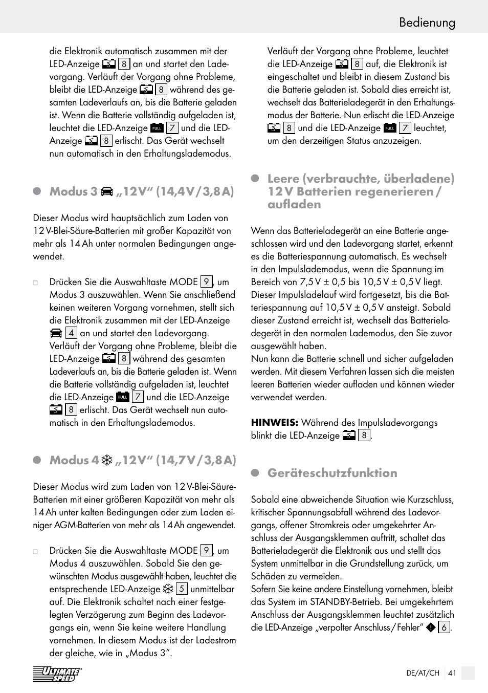 Bedienung, Modus 3, Geräteschutzfunktion | Ultimate Speed ULG 3.8 A1 User Manual | Page 41 / 44