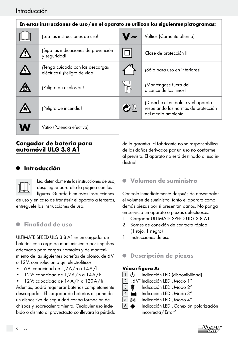 Introducción / seguridad introducción, Cargador de batería para automóvil ulg 3.8 a1, Introducción | Finalidad de uso, Volumen de suministro, Descripción de piezas | Ultimate Speed ULG 3.8 A1 User Manual | Page 6 / 44