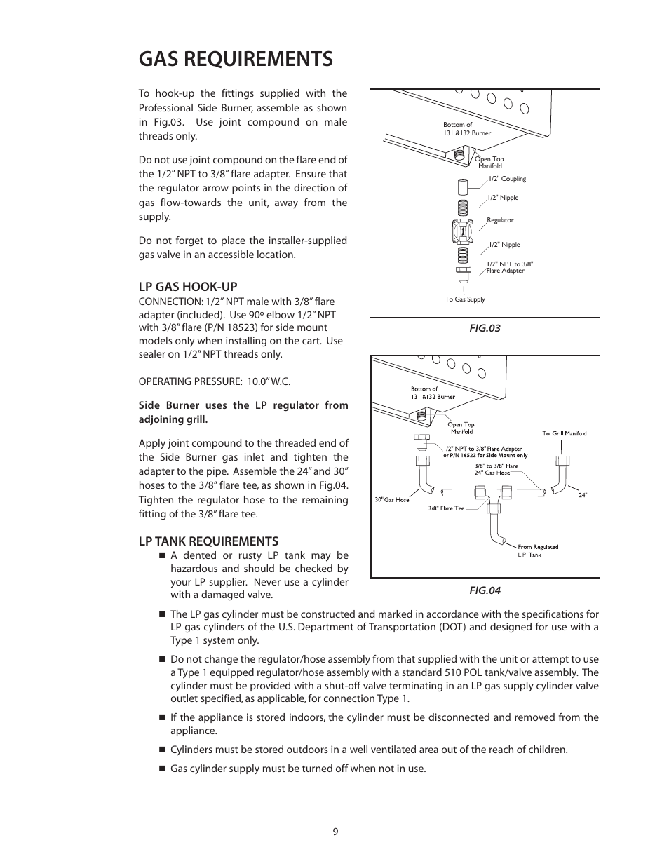 Gas requirements, Lp tank requirements, Lp gas hook-up | DCS BGB132-BI User Manual | Page 10 / 22