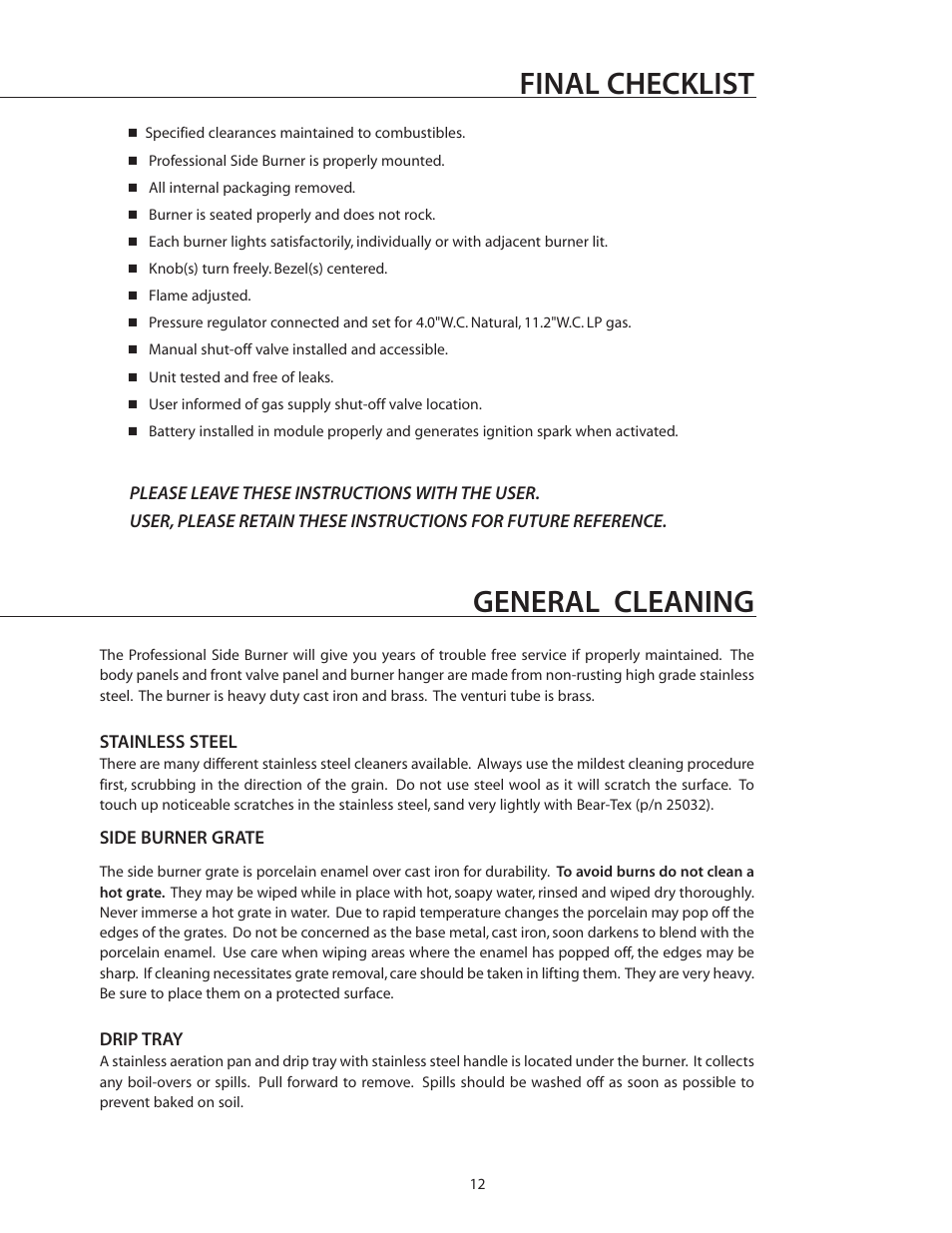 Final checklist, General cleaning | DCS BGB132-BI User Manual | Page 13 / 22