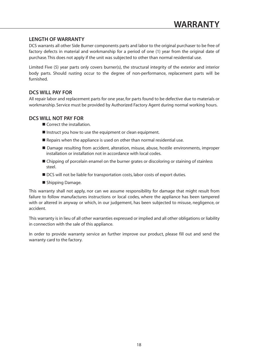 Warranty | DCS BGB132-BI User Manual | Page 19 / 22