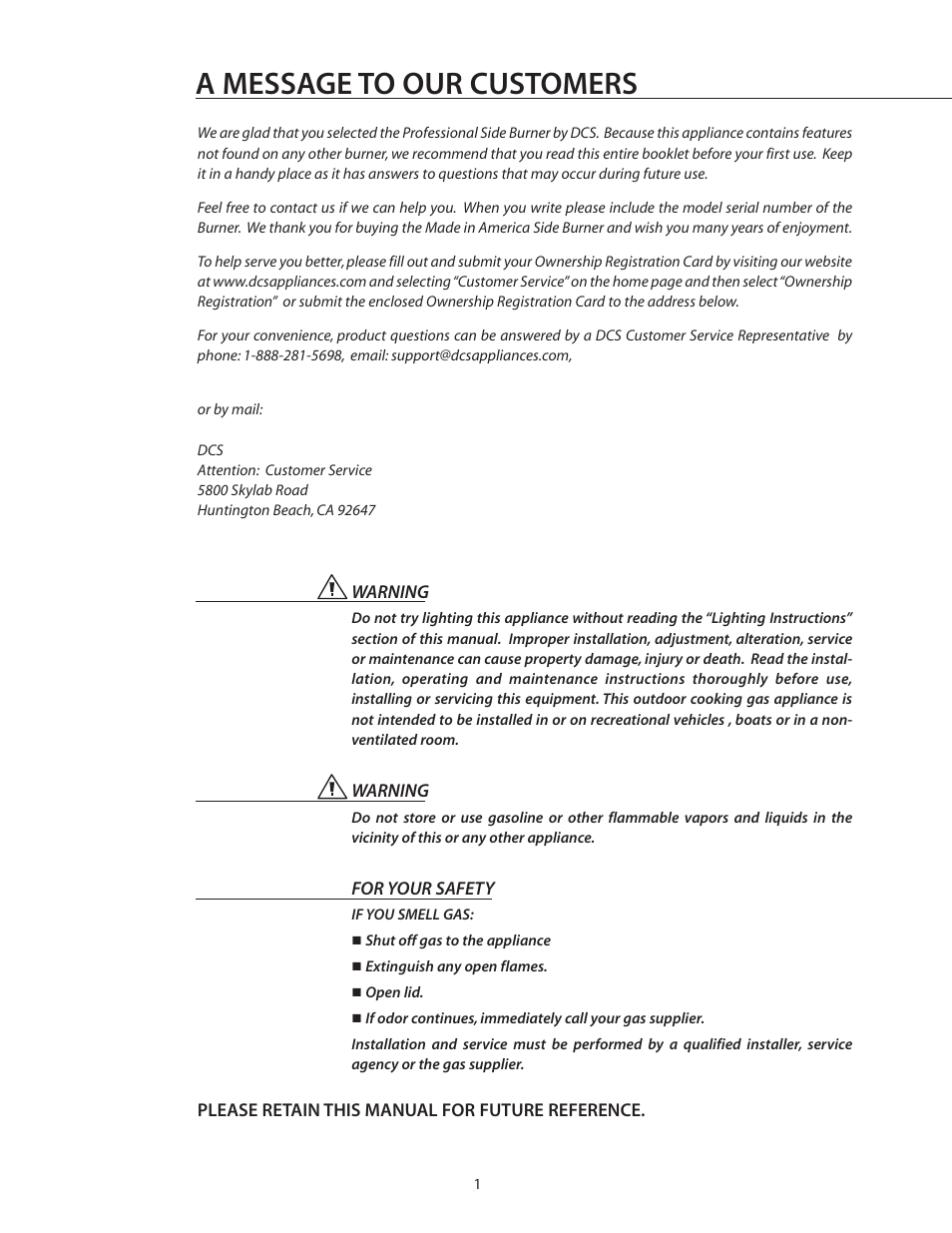 A message to our customers | DCS BGB132-BI User Manual | Page 2 / 22