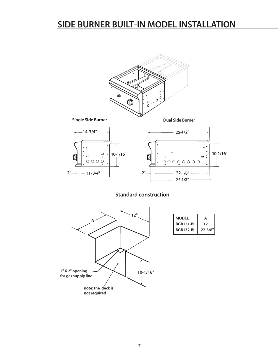 Side burner built-in model installation, Standard construction | DCS BGB132-BI User Manual | Page 8 / 22