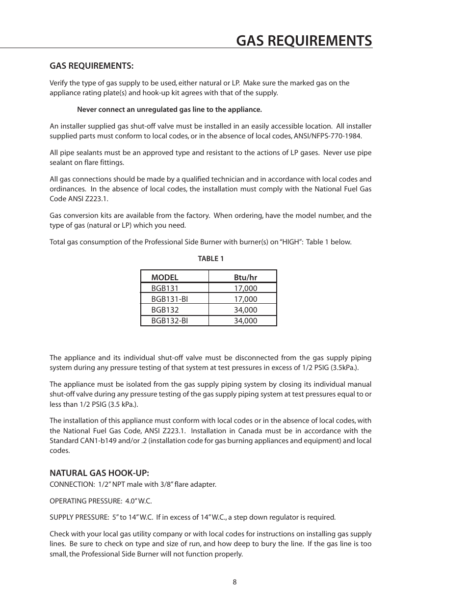 Gas requirements | DCS BGB132-BI User Manual | Page 9 / 22