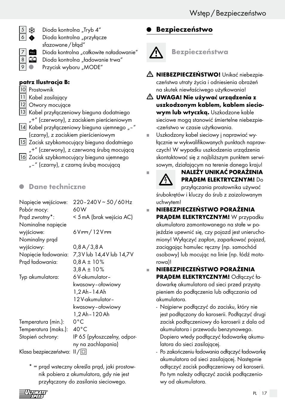 Wstęp / bezpieczeństwo wstęp, Dane techniczne, Bezpieczeństwo bezpieczeństwa | Ultimate Speed ULG 3.8 A1 User Manual | Page 17 / 62