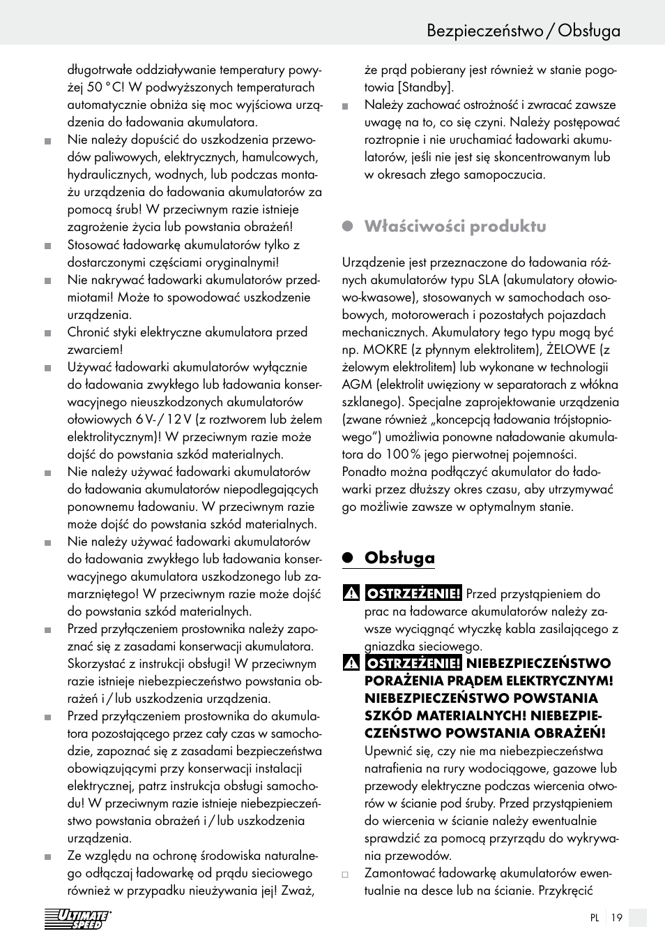 Bezpieczeństwo / obsługa bezpieczeństwo, Właściwości produktu, Obsługa | Ultimate Speed ULG 3.8 A1 User Manual | Page 19 / 62