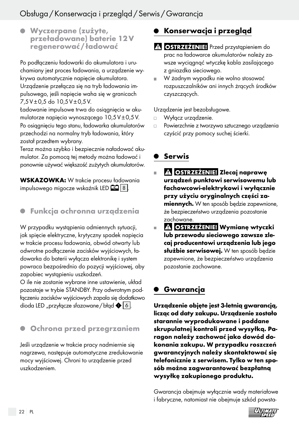 Funkcja ochronna urządzenia, Ochrona przed przegrzaniem, Konserwacja i przegląd | Serwis, Gwarancja | Ultimate Speed ULG 3.8 A1 User Manual | Page 22 / 62