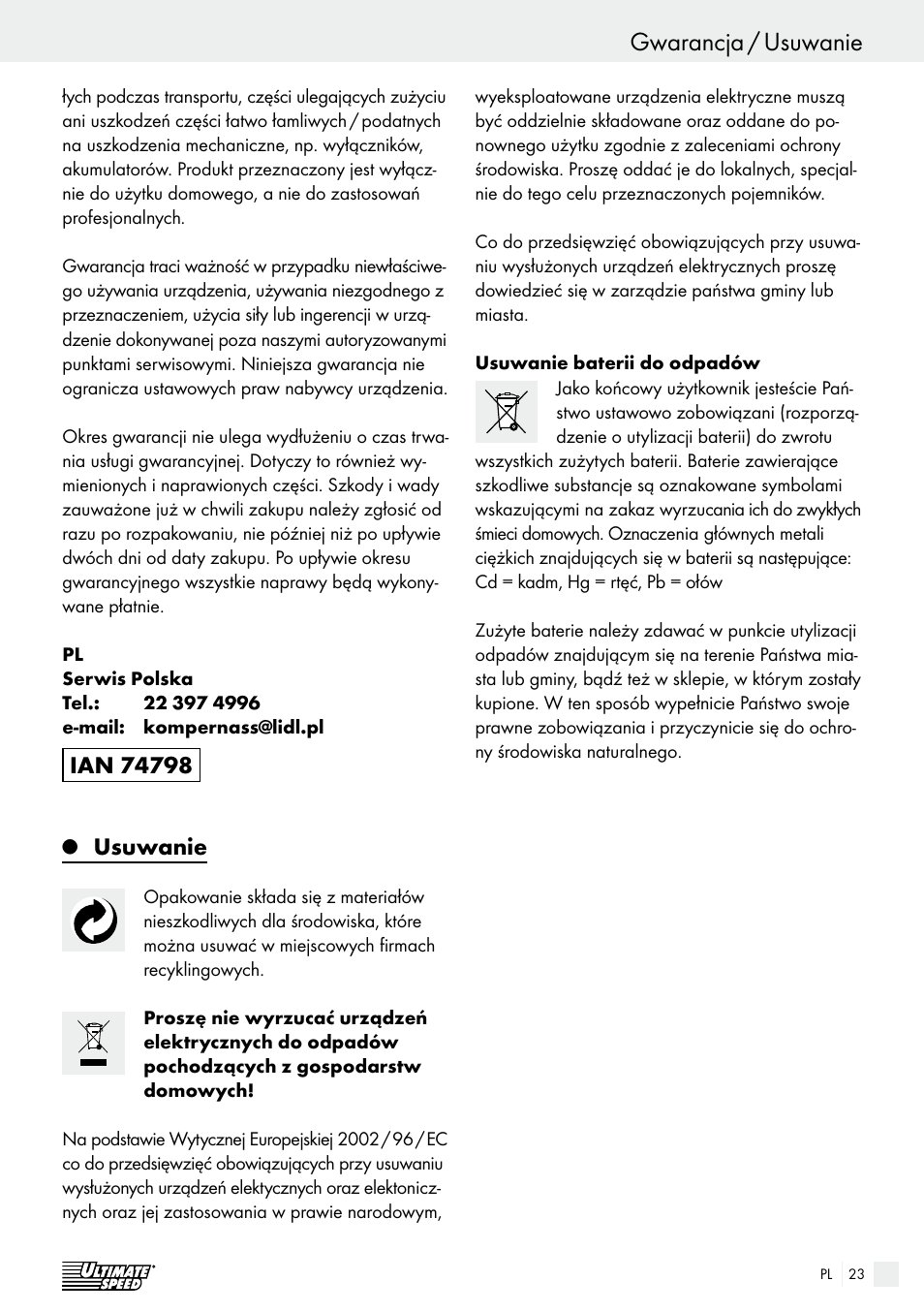 Usuwanie | Ultimate Speed ULG 3.8 A1 User Manual | Page 23 / 62