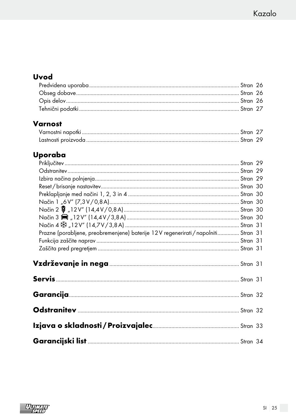 Deklaracja zgodności / producent kazalo | Ultimate Speed ULG 3.8 A1 User Manual | Page 25 / 62
