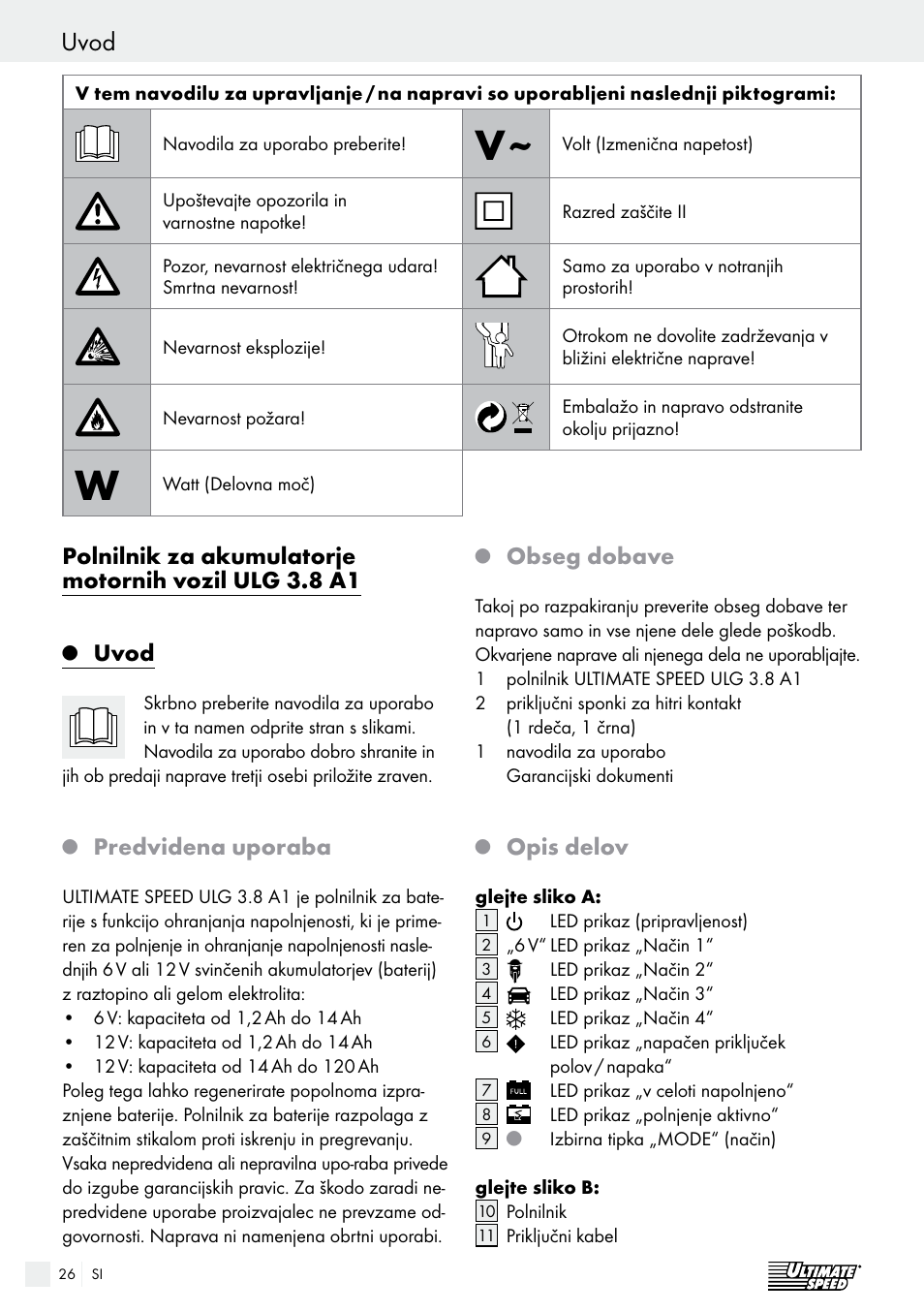 Uvod / varnost uvod, Uvod, Predvidena uporaba | Obseg dobave, Opis delov | Ultimate Speed ULG 3.8 A1 User Manual | Page 26 / 62