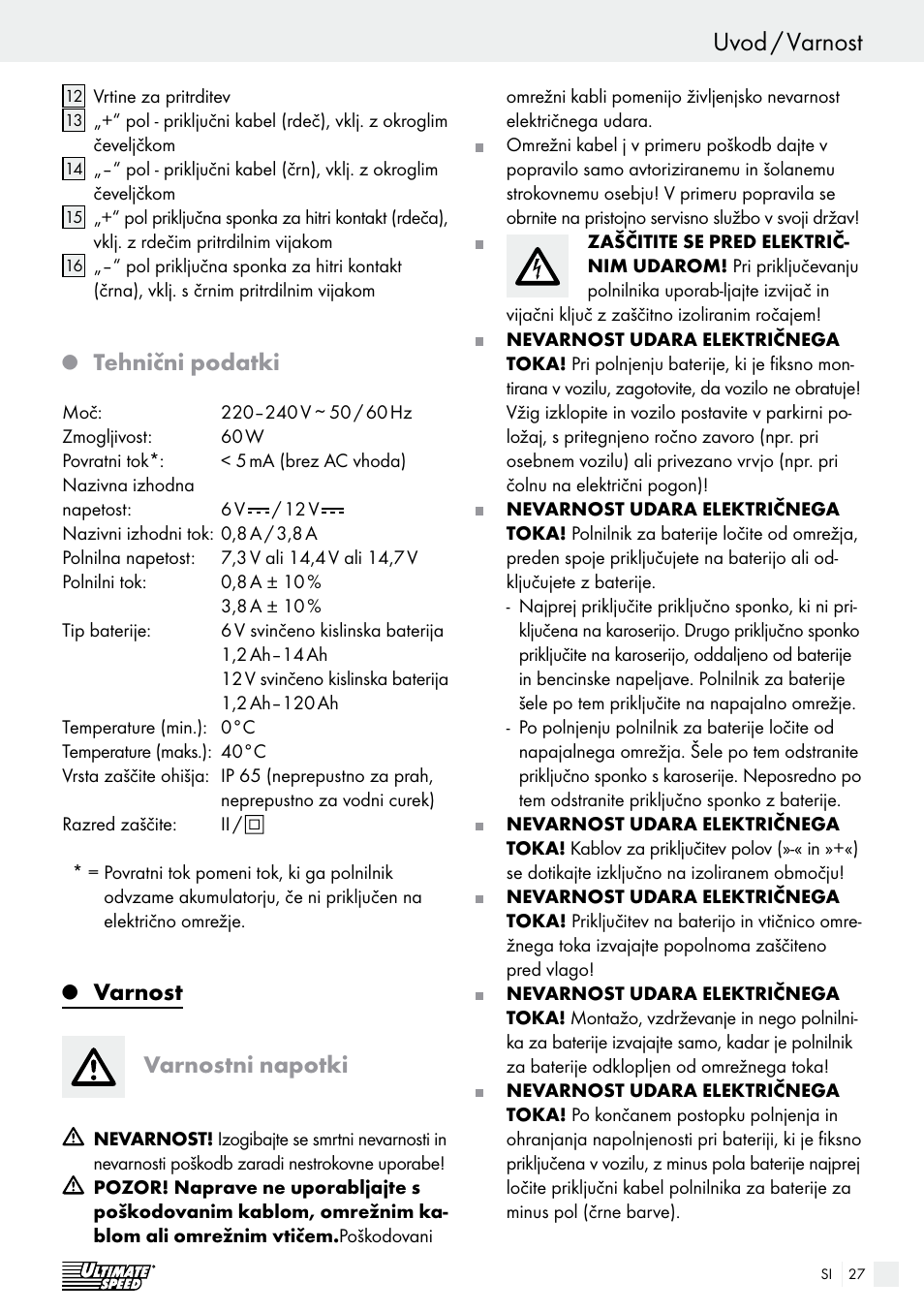 Uvod / varnost uvod, Tehnični podatki, Varnost varnostni napotki | Ultimate Speed ULG 3.8 A1 User Manual | Page 27 / 62