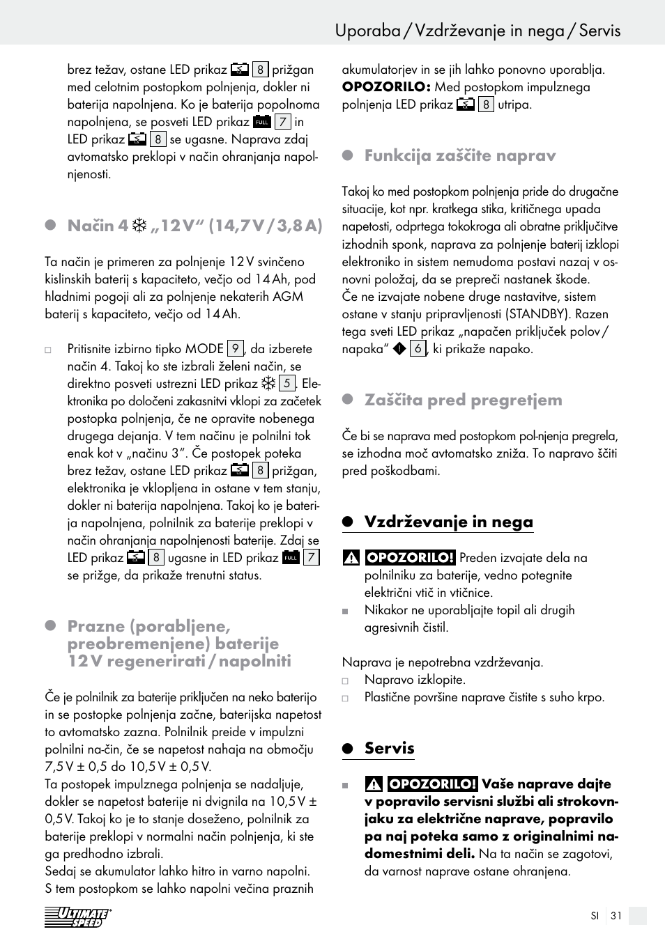 Uporaba / vzdrževanje in nega / servis uporaba, Funkcija zaščite naprav, Zaščita pred pregretjem | Vzdrževanje in nega, Servis | Ultimate Speed ULG 3.8 A1 User Manual | Page 31 / 62