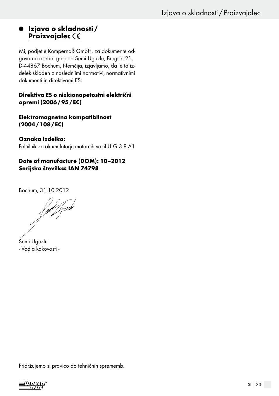 Izjava o skladnosti / proizvajalec, Servis / garancija / odstranitev | Ultimate Speed ULG 3.8 A1 User Manual | Page 33 / 62
