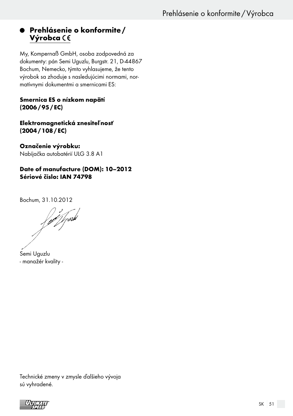 Prehlásenie o konformite / výrobca, Záruśná lehota / likvidácia | Ultimate Speed ULG 3.8 A1 User Manual | Page 51 / 62