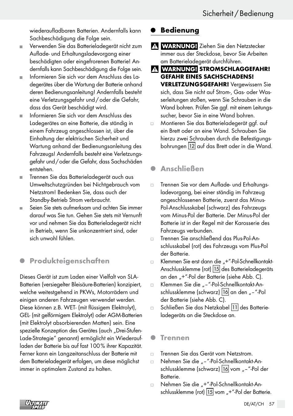 Sicherheit / bedienung sicherheit, Produkteigenschaften, Bedienung | Anschließen, Trennen | Ultimate Speed ULG 3.8 A1 User Manual | Page 57 / 62