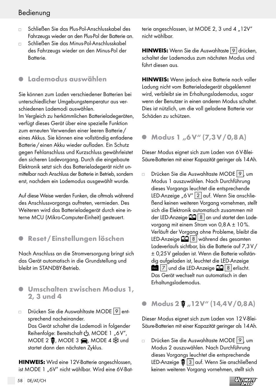 Bedienung, Lademodus auswählen, Reset / einstellungen löschen | Umschalten zwischen modus 1, 2, 3 und 4, Modus 1 „6 v, 7,3 v / 0,8 a), Modus 2 | Ultimate Speed ULG 3.8 A1 User Manual | Page 58 / 62