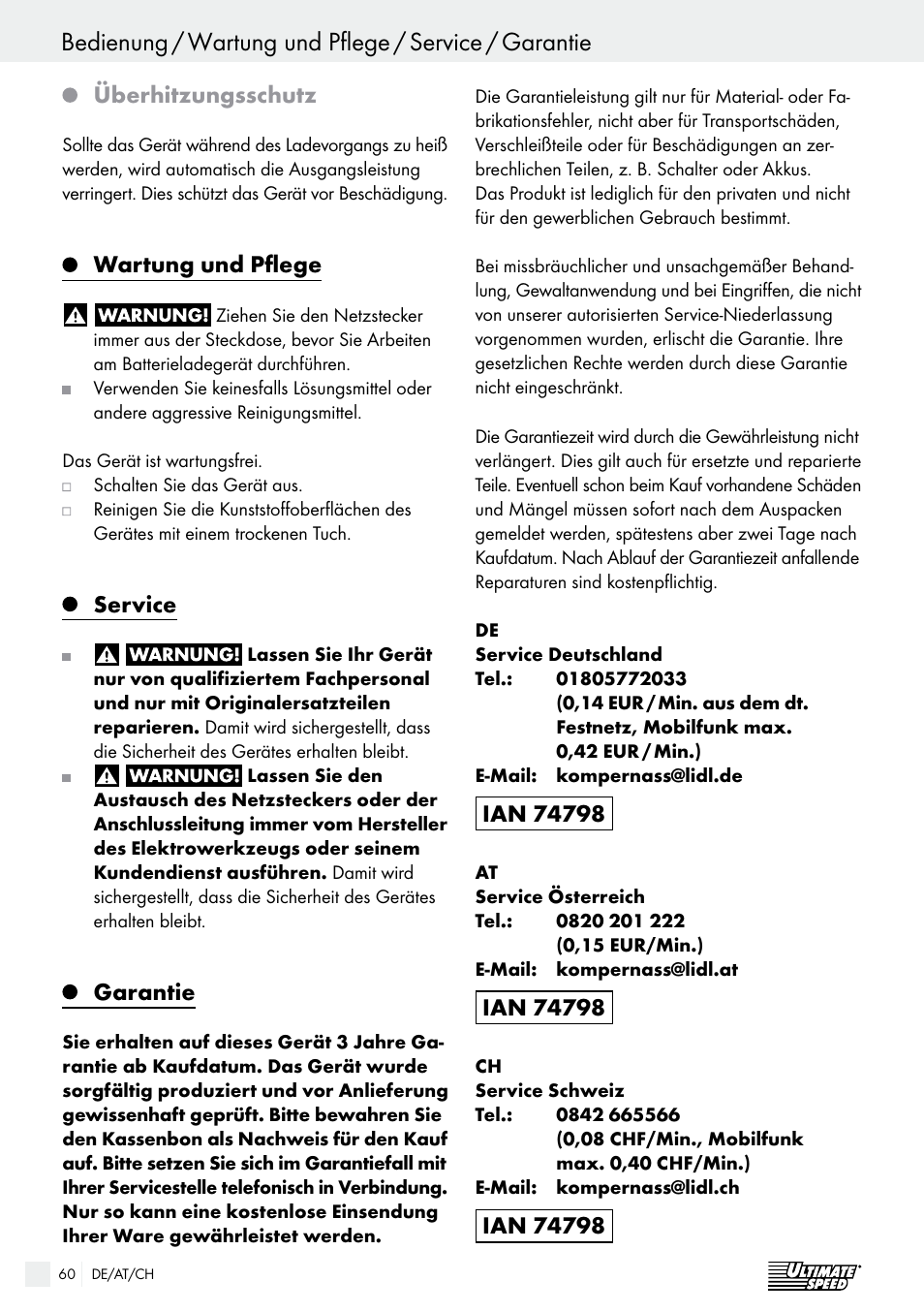 Überhitzungsschutz, Wartung und pflege, Service | Garantie | Ultimate Speed ULG 3.8 A1 User Manual | Page 60 / 62