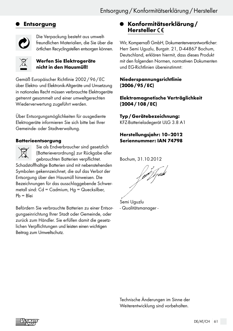 Entsorgung, Konformitätserklärung / hersteller | Ultimate Speed ULG 3.8 A1 User Manual | Page 61 / 62