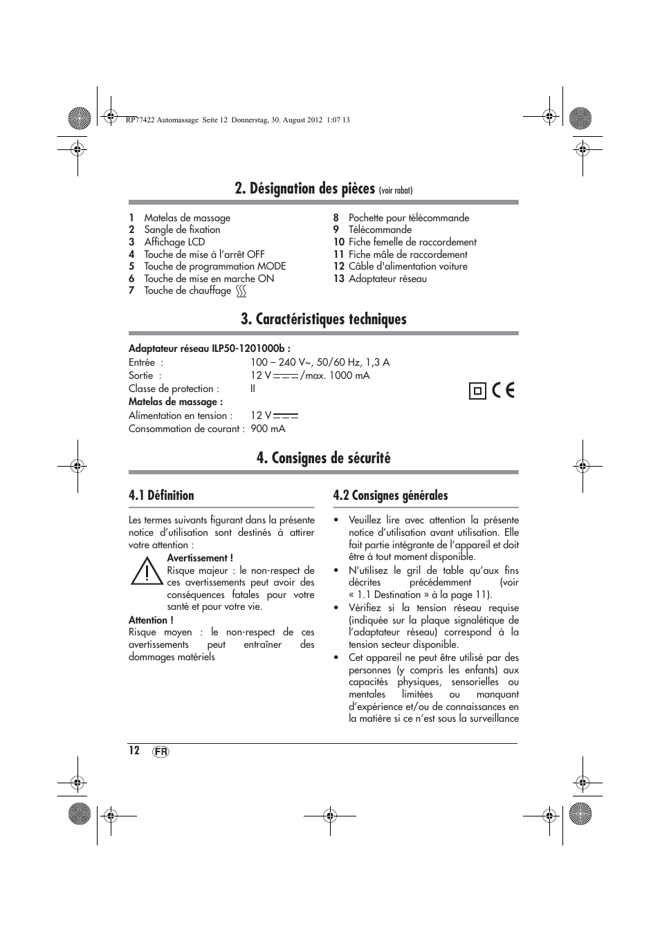 Désignation des pièces, Caractéristiques techniques, Consignes de sécurité | 1 déﬁnition, 2 consignes générales | Ultimate Speed UAMM 12 A1 User Manual | Page 14 / 46