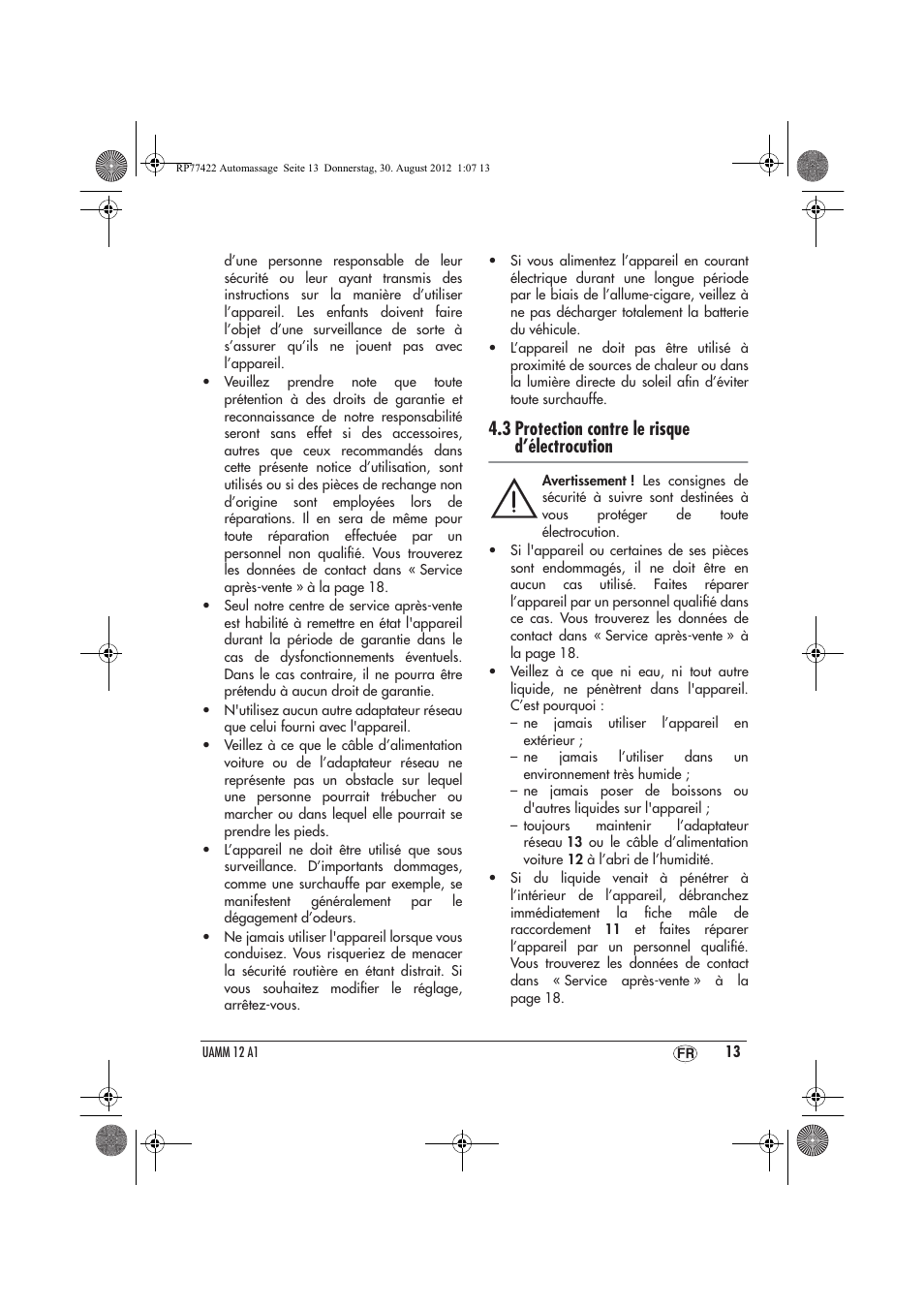 3 protection contre le risque d’électrocution | Ultimate Speed UAMM 12 A1 User Manual | Page 15 / 46