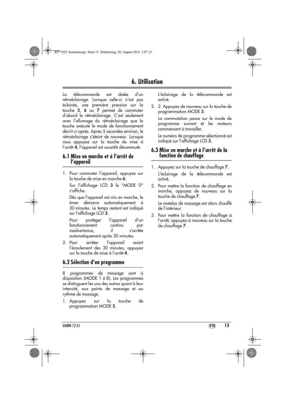 Utilisation, 1 mise en marche et à l’arrêt de l’appareil, 2 sélection d’un programme | Ultimate Speed UAMM 12 A1 User Manual | Page 17 / 46