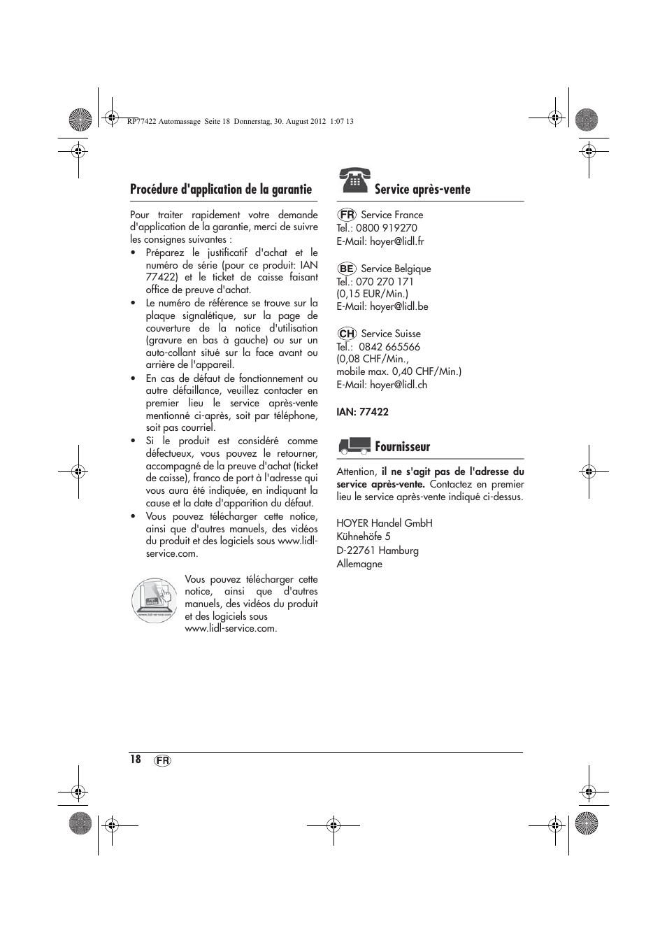 Procédure d'application de la garantie, Service après-vente, Fournisseur | Ultimate Speed UAMM 12 A1 User Manual | Page 20 / 46