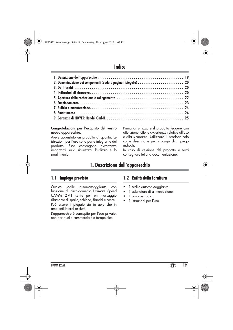 Indice, Descrizione dell’apparecchio | Ultimate Speed UAMM 12 A1 User Manual | Page 21 / 46