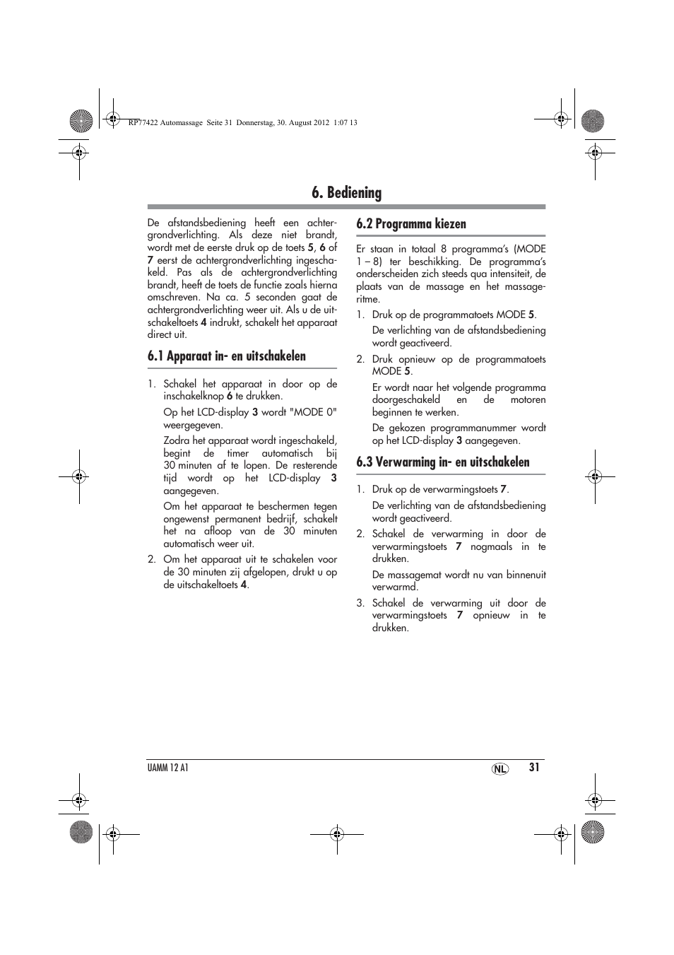 Bediening, 1 apparaat in- en uitschakelen, 2 programma kiezen | 3 verwarming in- en uitschakelen | Ultimate Speed UAMM 12 A1 User Manual | Page 33 / 46