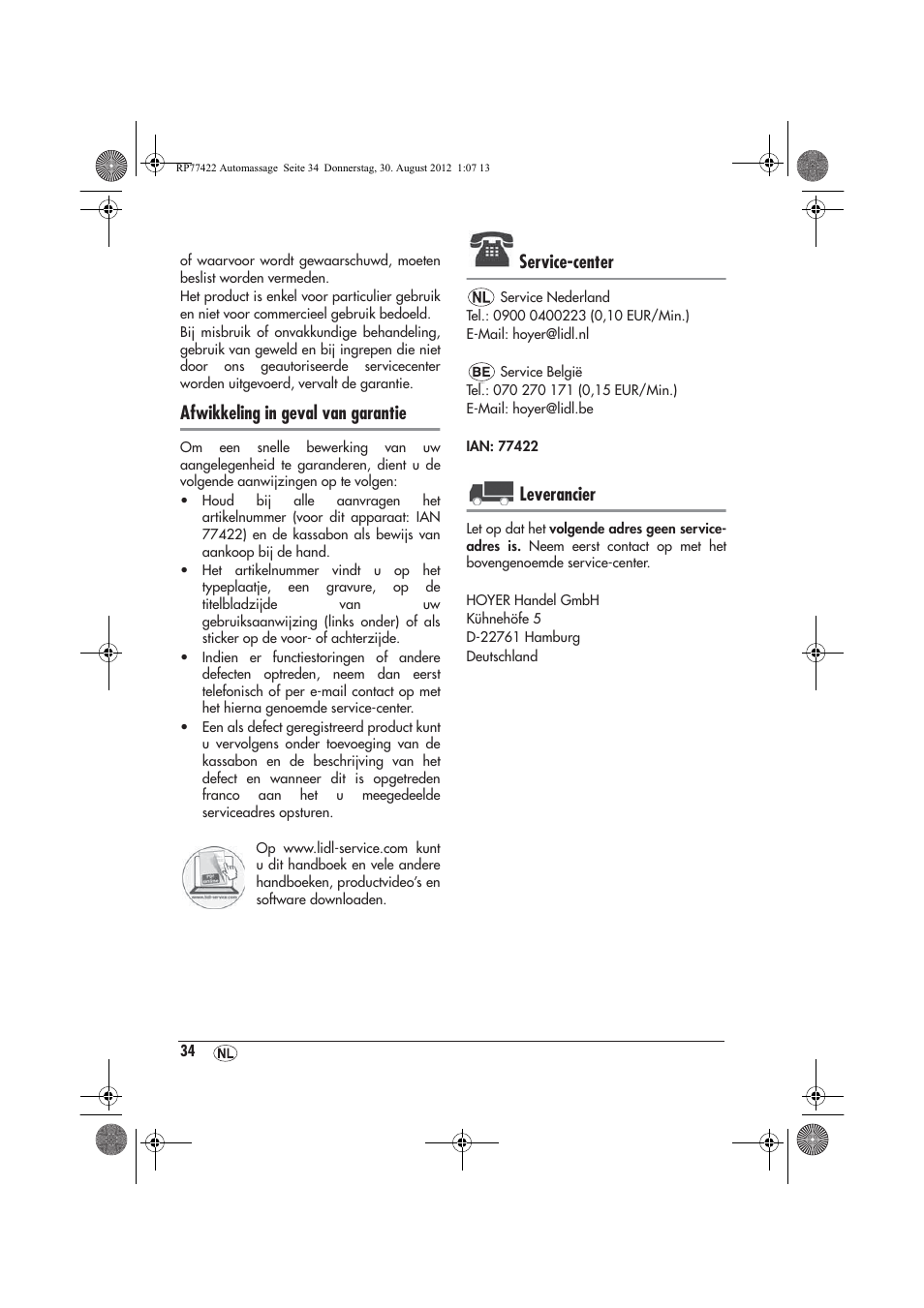 Afwikkeling in geval van garantie, Service-center, Leverancier | Ultimate Speed UAMM 12 A1 User Manual | Page 36 / 46