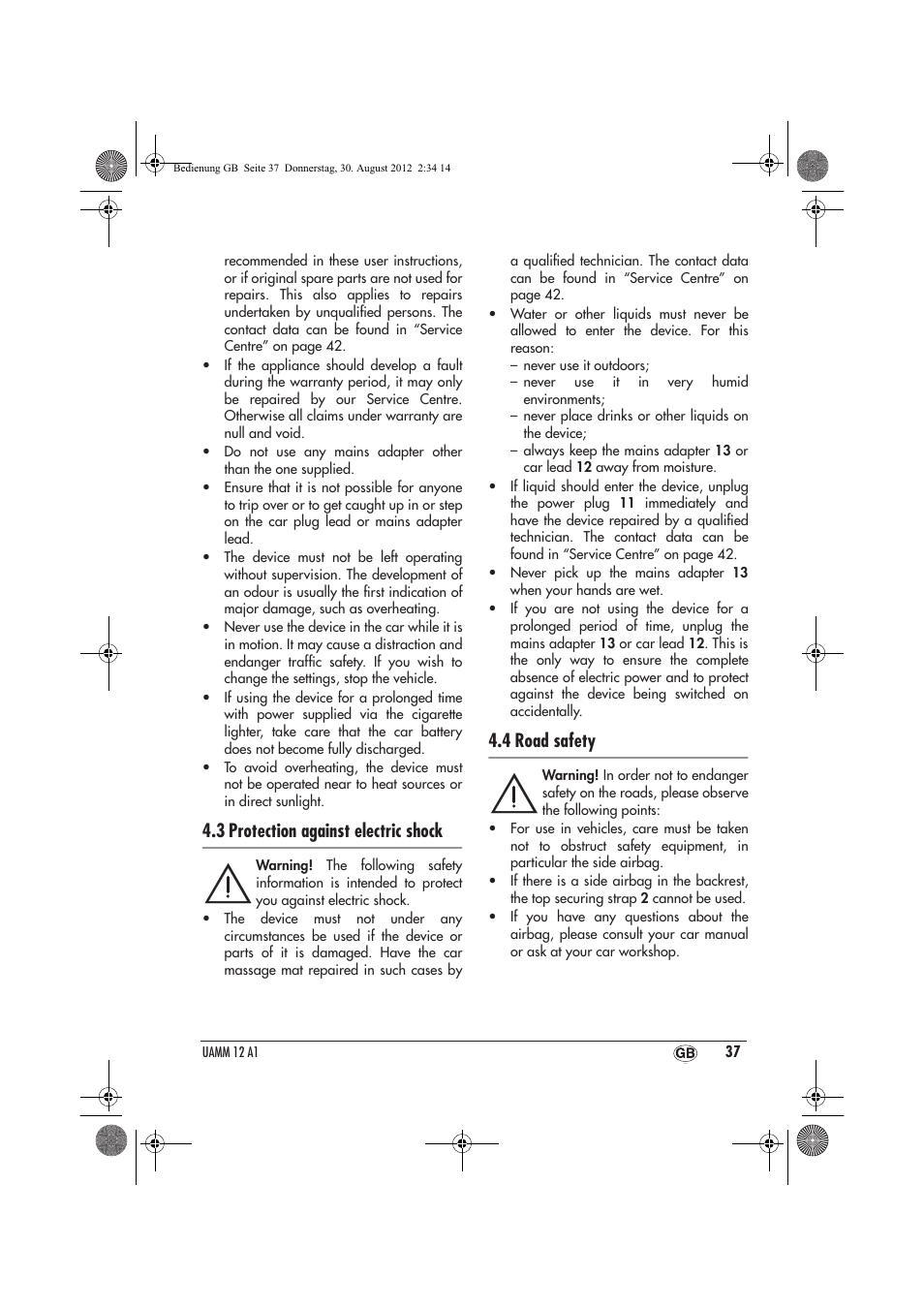 3 protection against electric shock, 4 road safety | Ultimate Speed UAMM 12 A1 User Manual | Page 39 / 46