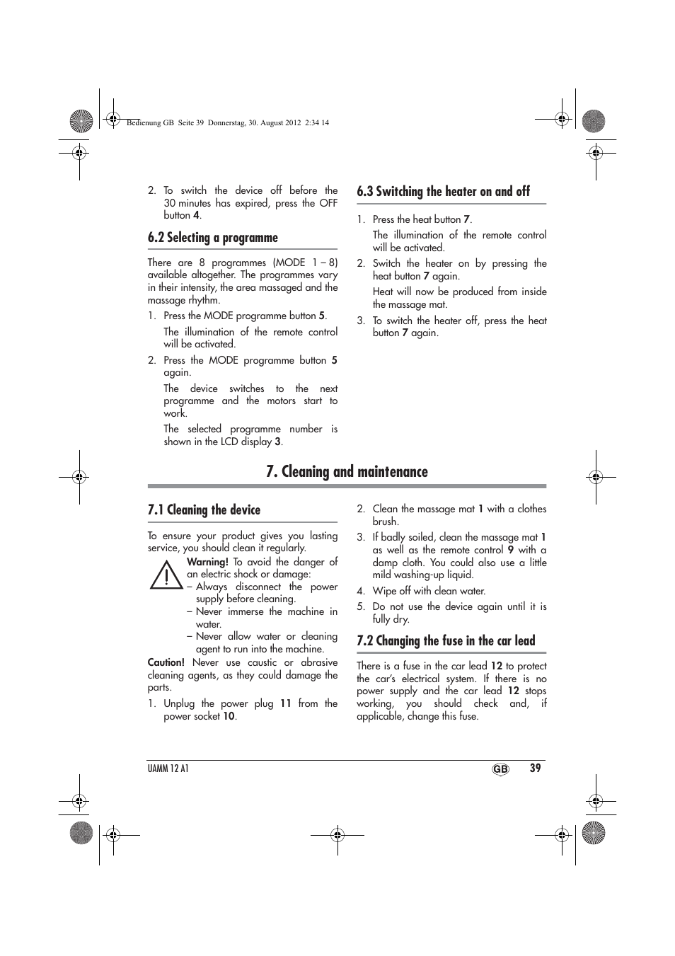 Cleaning and maintenance, 2 selecting a programme, 3 switching the heater on and off | 1 cleaning the device, 2 changing the fuse in the car lead | Ultimate Speed UAMM 12 A1 User Manual | Page 41 / 46