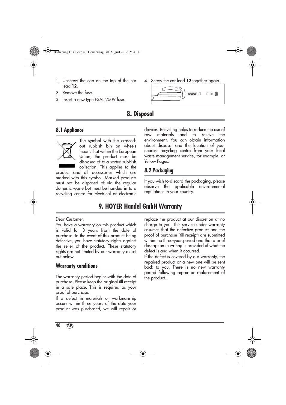 Disposal, Hoyer handel gmbh warranty, 1 appliance | 2 packaging, Warranty conditions | Ultimate Speed UAMM 12 A1 User Manual | Page 42 / 46