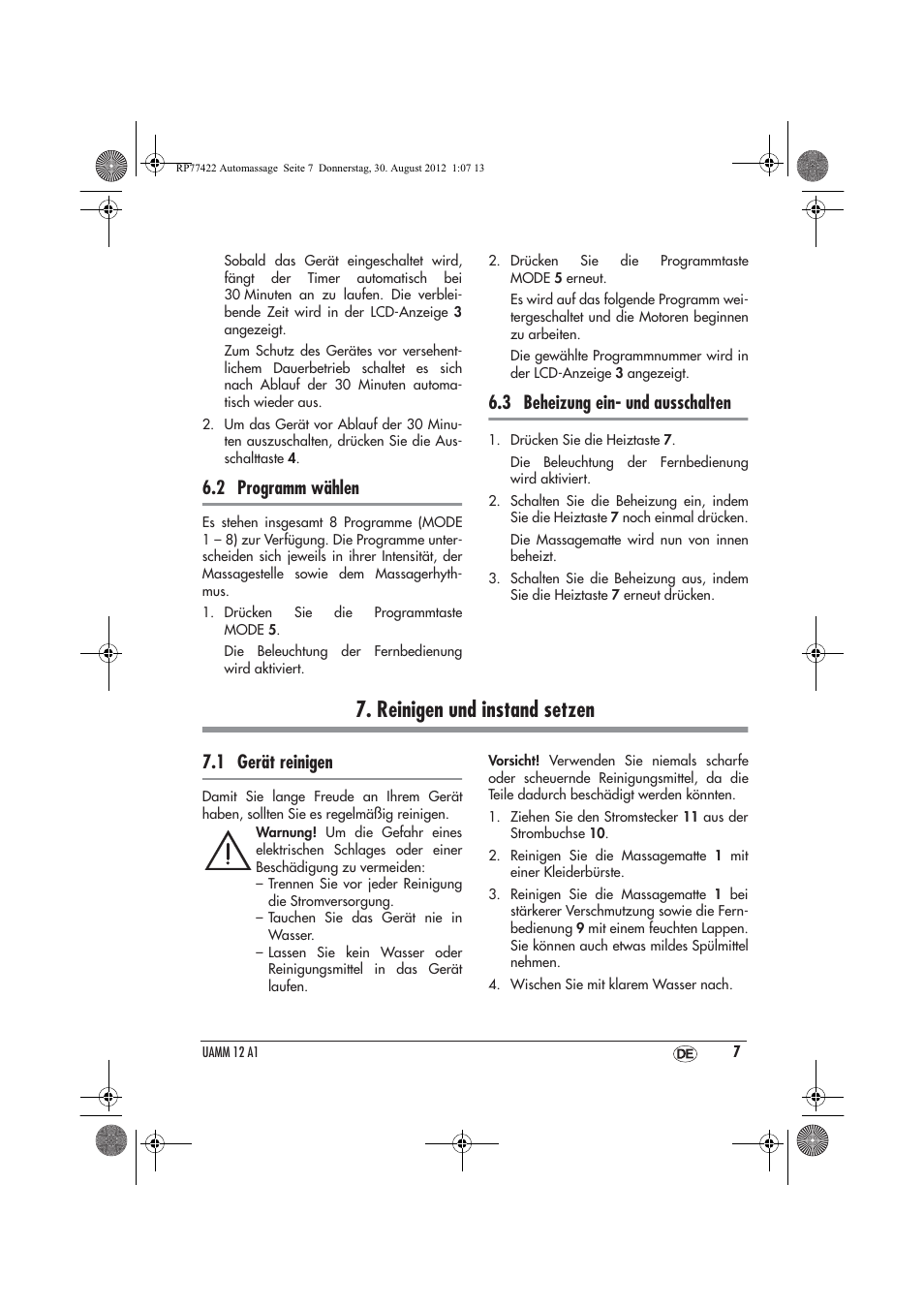 Reinigen und instand setzen, 2 programm wählen, 3 beheizung ein- und ausschalten | 1 gerät reinigen | Ultimate Speed UAMM 12 A1 User Manual | Page 9 / 46