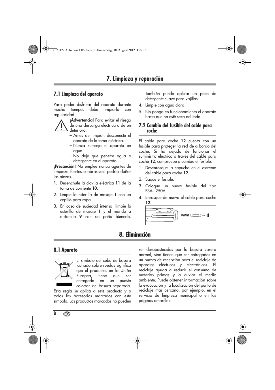 Limpieza y reparación, Eliminación, 1 limpieza del aparato | 2 cambio del fusible del cable para coche, 1 aparato | Ultimate Speed UAMM 12 A1 User Manual | Page 10 / 46