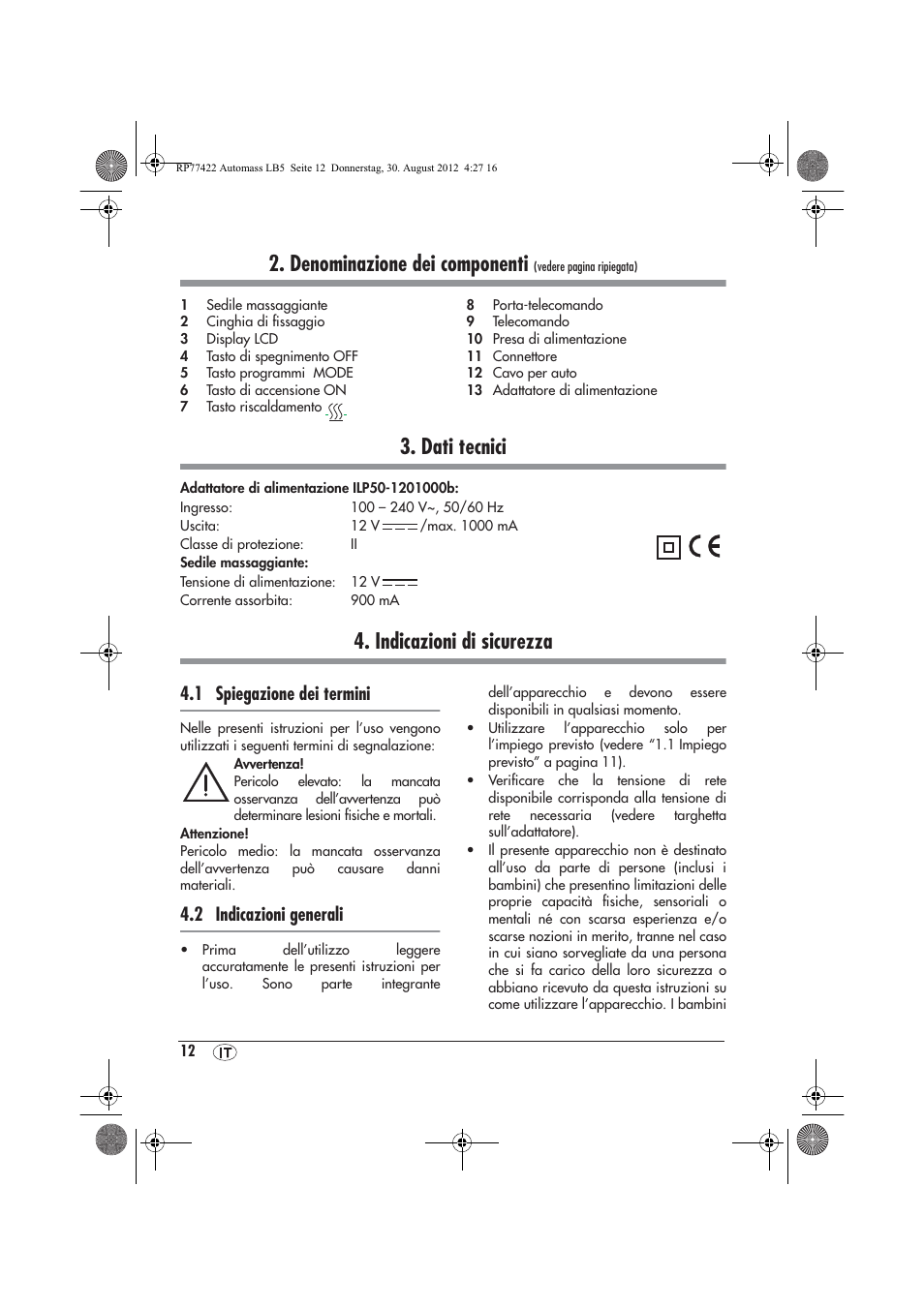 Denominazione dei componenti, Dati tecnici, Indicazioni di sicurezza | 1 spiegazione dei termini, 2 indicazioni generali | Ultimate Speed UAMM 12 A1 User Manual | Page 14 / 46