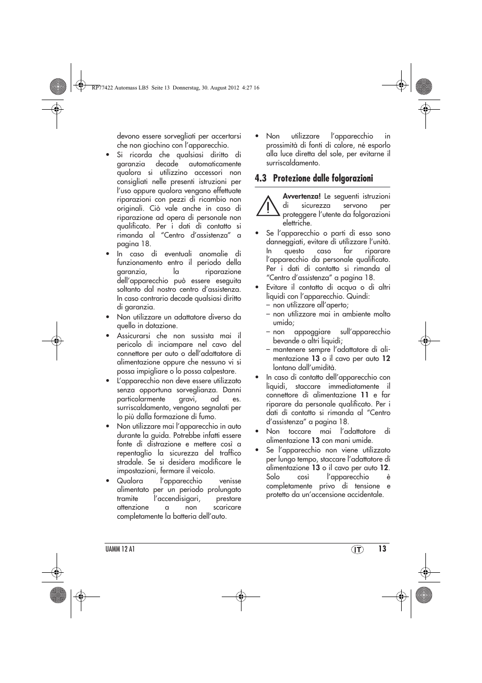 3 protezione dalle folgorazioni | Ultimate Speed UAMM 12 A1 User Manual | Page 15 / 46