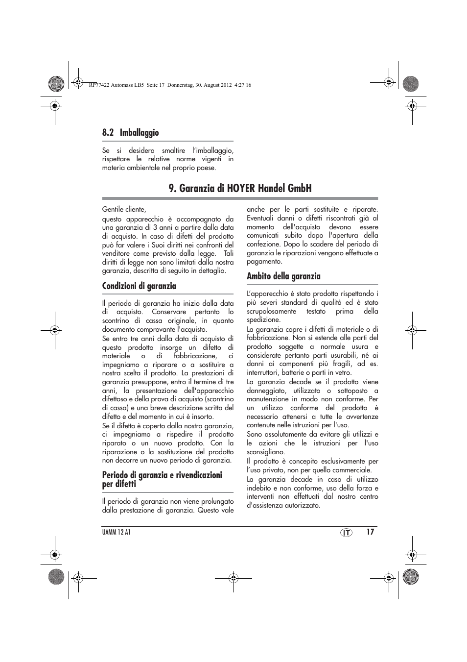 Garanzia di hoyer handel gmbh | Ultimate Speed UAMM 12 A1 User Manual | Page 19 / 46