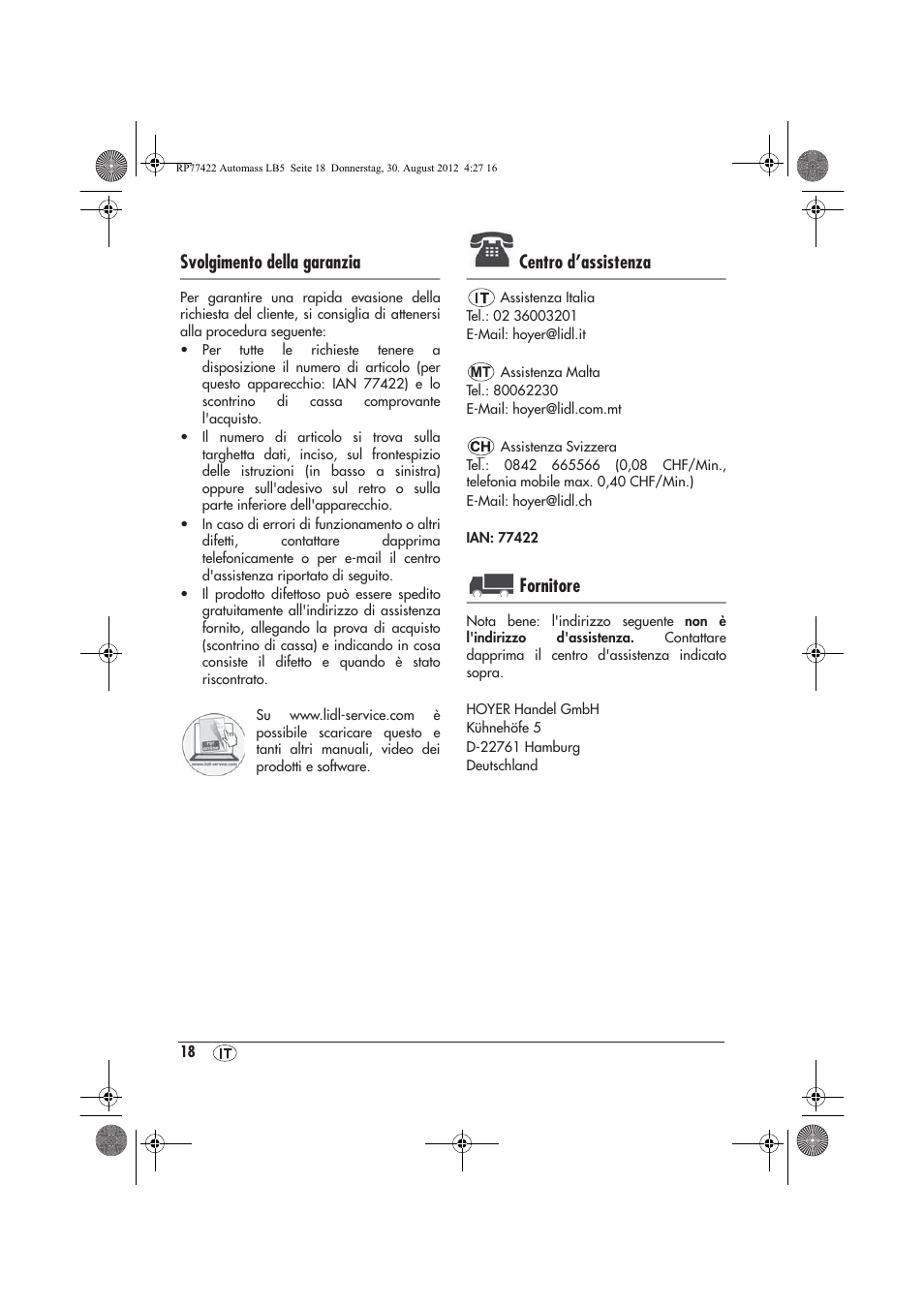 Svolgimento della garanzia, Centro d’assistenza, Fornitore | Ultimate Speed UAMM 12 A1 User Manual | Page 20 / 46