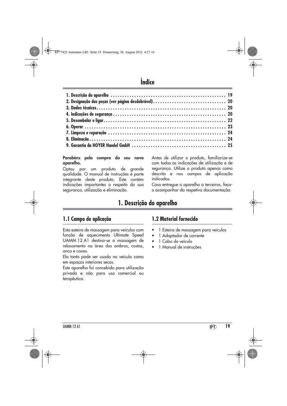 Índice, Descrição do aparelho | Ultimate Speed UAMM 12 A1 User Manual | Page 21 / 46