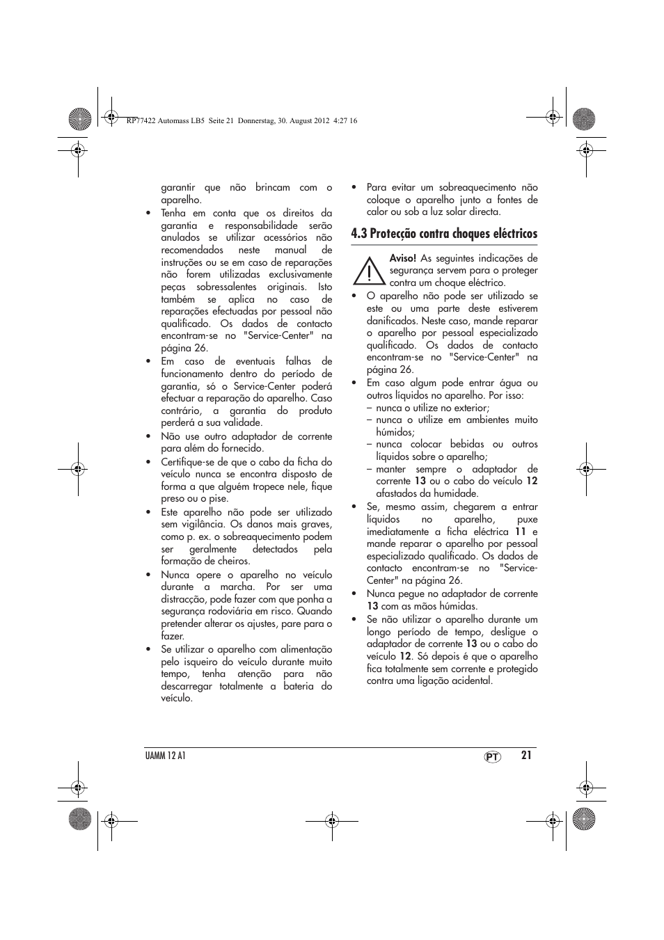 3 protecção contra choques eléctricos | Ultimate Speed UAMM 12 A1 User Manual | Page 23 / 46