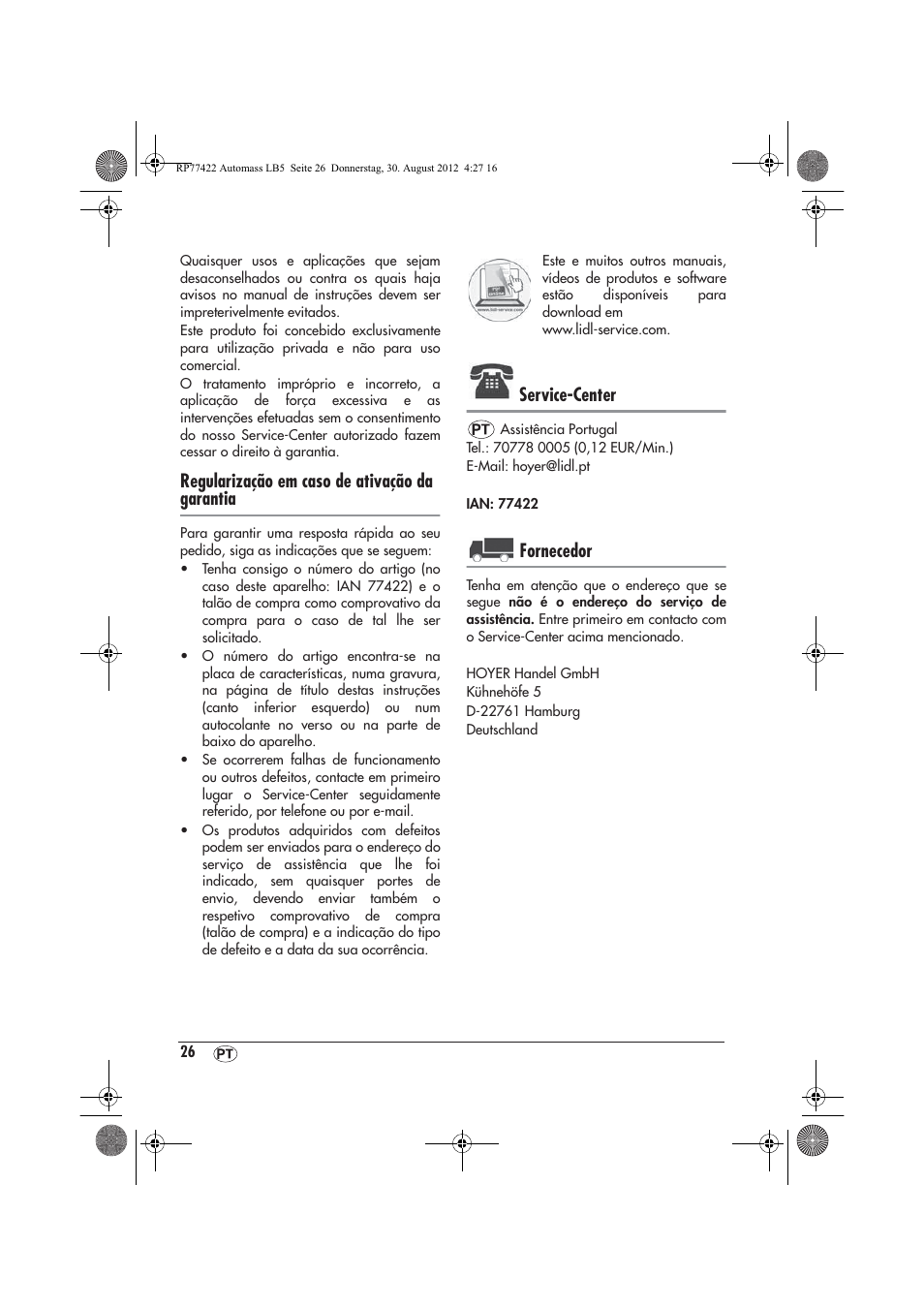 Regularização em caso de ativação da garantia, Service-center, Fornecedor | Ultimate Speed UAMM 12 A1 User Manual | Page 28 / 46