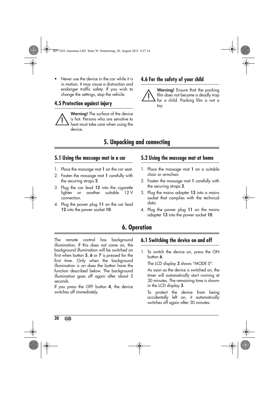 Unpacking and connecting, Operation, 5 protection against injury | 6 for the safety of your child, 1 using the massage mat in a car, 2 using the massage mat at home, 1 switching the device on and off | Ultimate Speed UAMM 12 A1 User Manual | Page 32 / 46