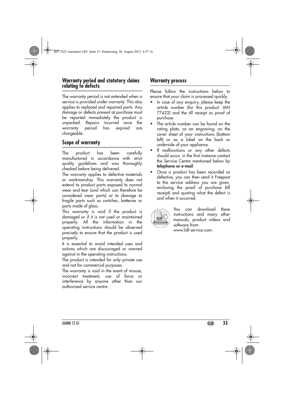 Scope of warranty, Warranty process | Ultimate Speed UAMM 12 A1 User Manual | Page 35 / 46