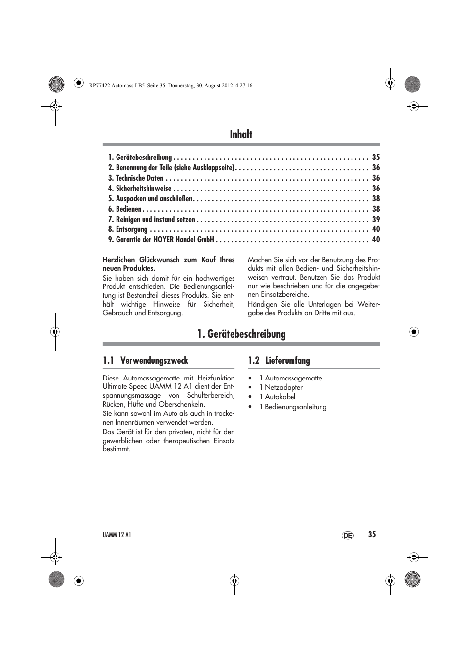 Inhalt, Gerätebeschreibung | Ultimate Speed UAMM 12 A1 User Manual | Page 37 / 46