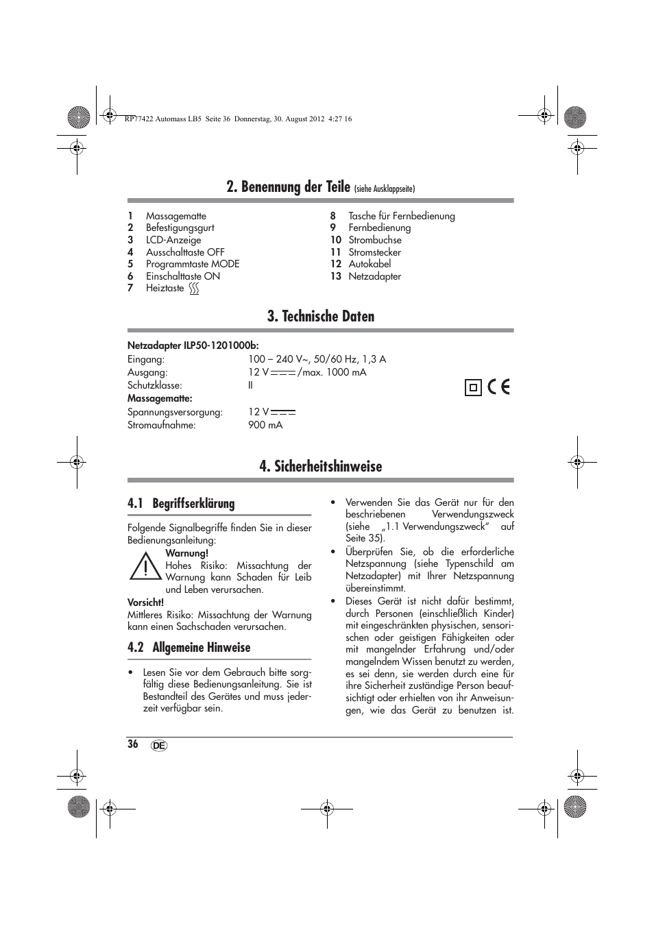 Benennung der teile, Technische daten, Sicherheitshinweise | 1 begriffserklärung, 2 allgemeine hinweise | Ultimate Speed UAMM 12 A1 User Manual | Page 38 / 46